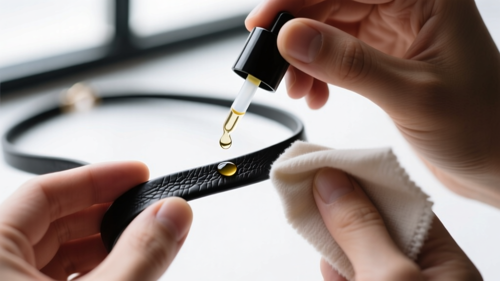 Hands applying a drop of pH-balanced leather conditioner onto a 2mm black leather necklace cord using a soft microfiber cloth.
