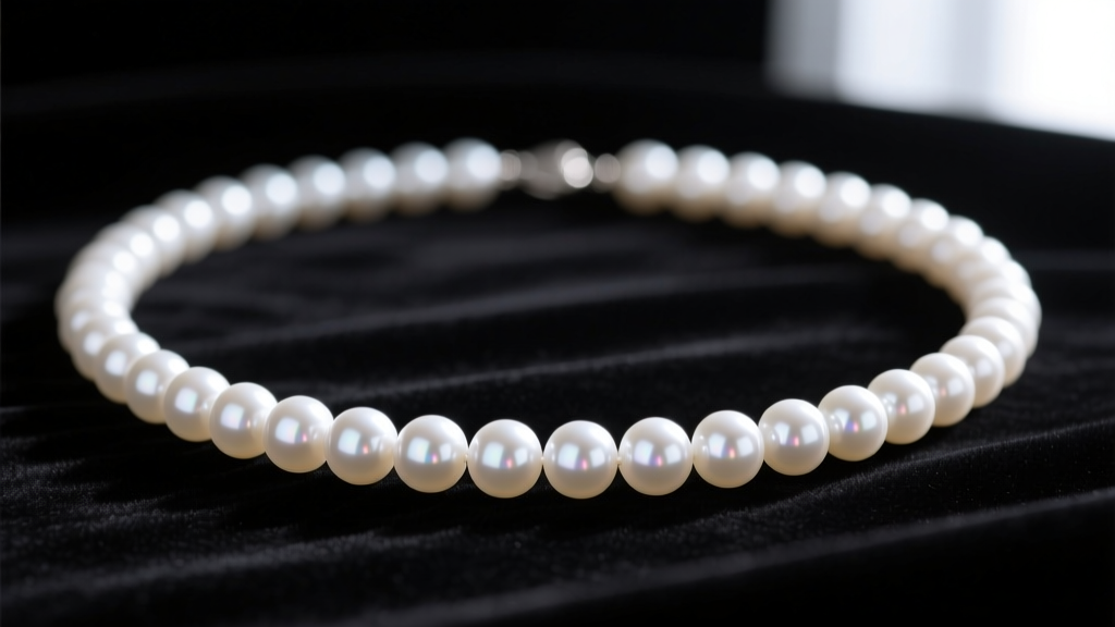 Close-up of a 16-inch short pearl necklace on dark velvet, highlighting the sharp mirror-like luster of round white Akoya pearls.
