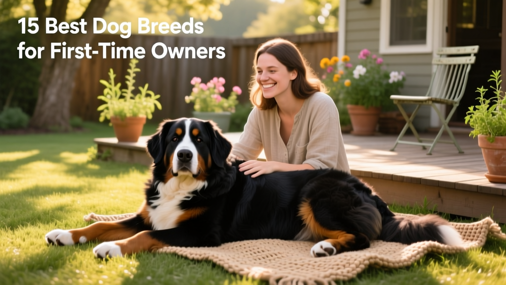 A serene Bernese Mountain Dog resting beside a smiling first-time owner on a grassy backyard patio
