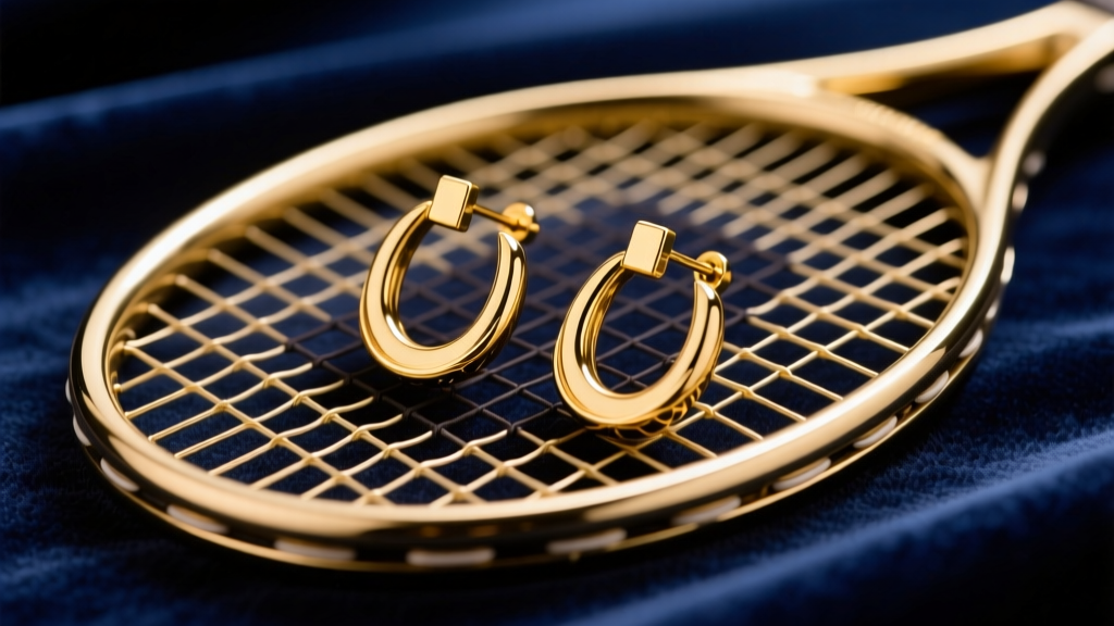 Close-up of solid gold tennis racket earrings on navy velvet, showing wire strings and polished frames under soft studio lighting