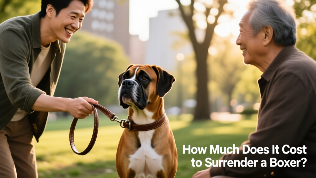 A smiling person handing over a leash to another adult while a Boxer sits calmly between them