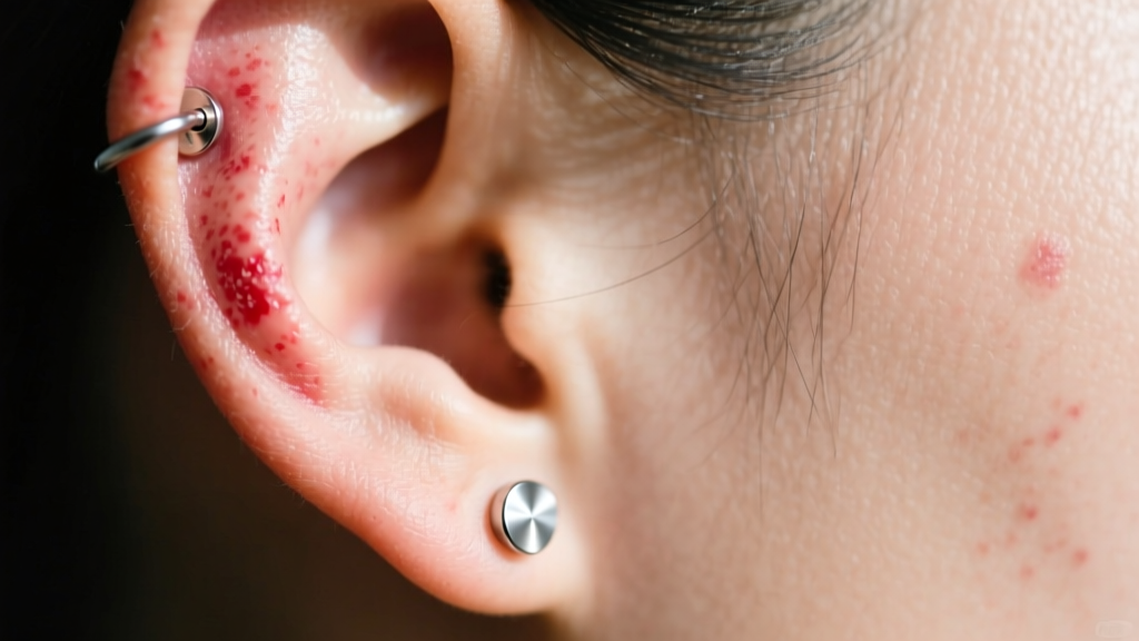Close-up of an earlobe showing redness from a nickel earring back, contrasted with a titanium backing resting near it on the skin.