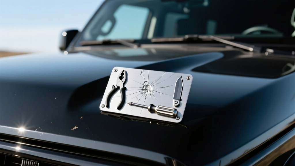 Close-up of a scratched titanium multi camp gadget card resting on a car's leather center console next to a smart key fob