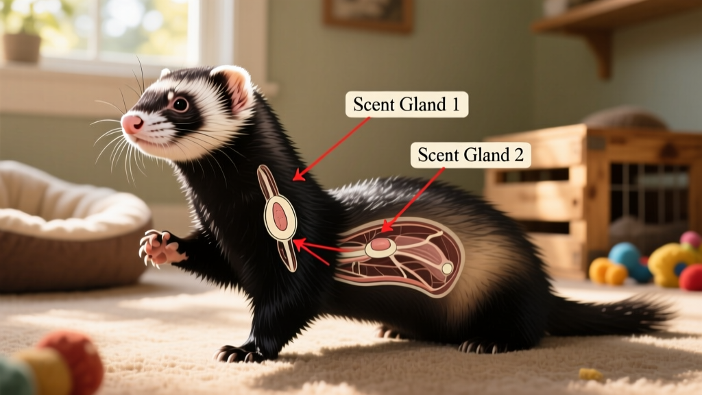 Illustration showing location of scent glands on a ferret’s body