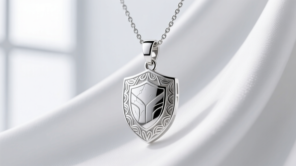 Macro shot of an Argentium silver immunity necklace pendant on a white drape, soft clinical lighting, detailed metal texture