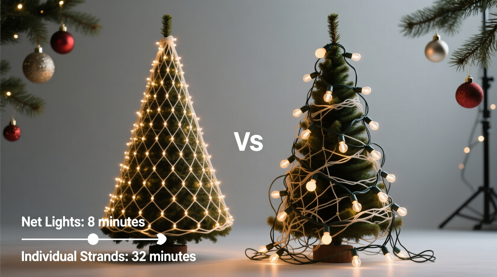 christmas light net lights vs individual strands which install faster on conical trees