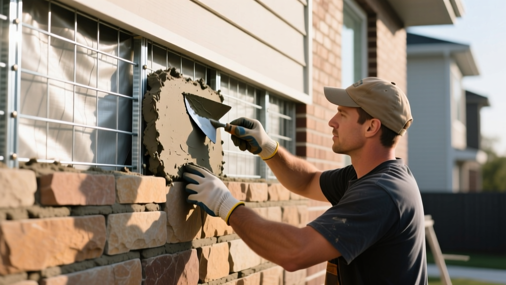 Mason applying Type S mortar to install manufactured stone veneer over galvanized metal lath and weather barrier on exterior wall