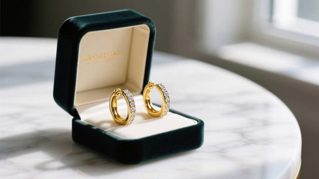 Close-up of an open velvet box revealing 14k solid gold 18-gauge huggie hoops with subtle pavé diamond detailing on a marble table