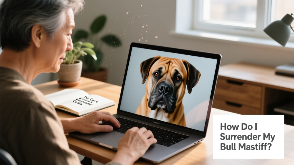 A person reviewing a Bull Mastiff's profile on a laptop, with a photo of the dog visible on screen
