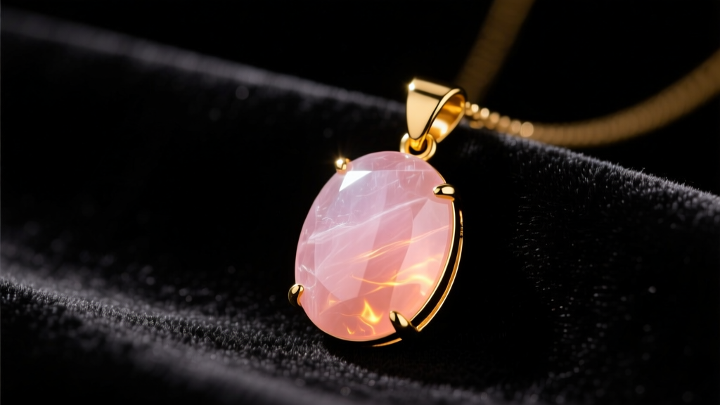 Antique rose quartz cabochon pendant in 9k yellow gold resting on dark velvet fabric under warm, directional studio lighting.