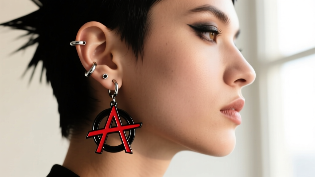 Side profile of a punk ear curation featuring a dangling anarchy earring and small hoops, soft studio lighting on cartilage.