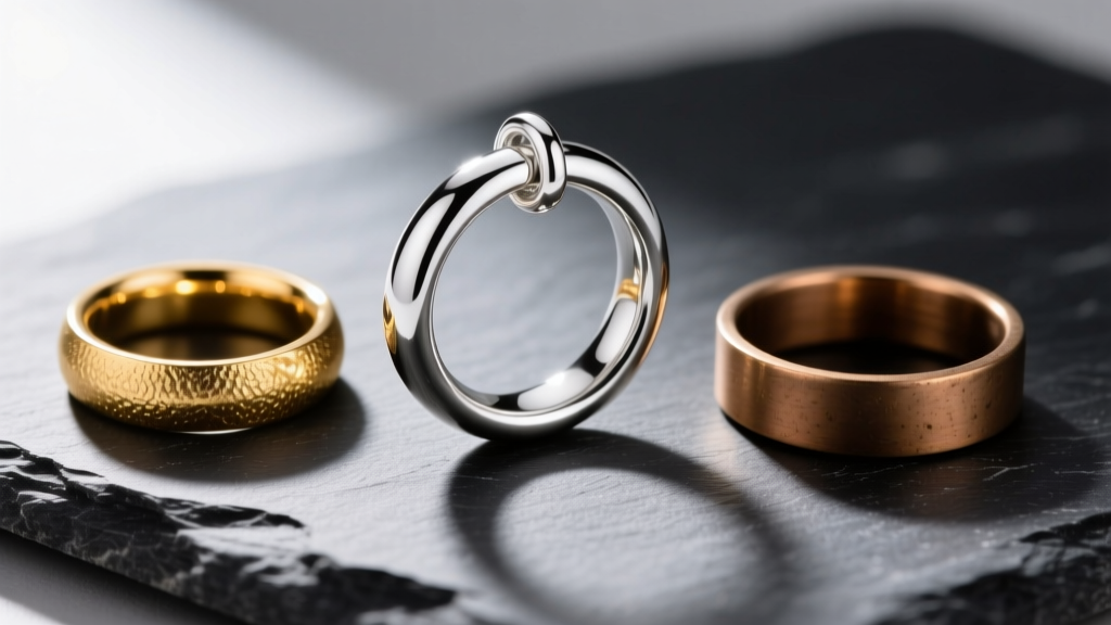 Macro shot of three metal jump rings: bright 925 sterling silver, warm 14k gold-filled, and dull brass on a dark slate stone.