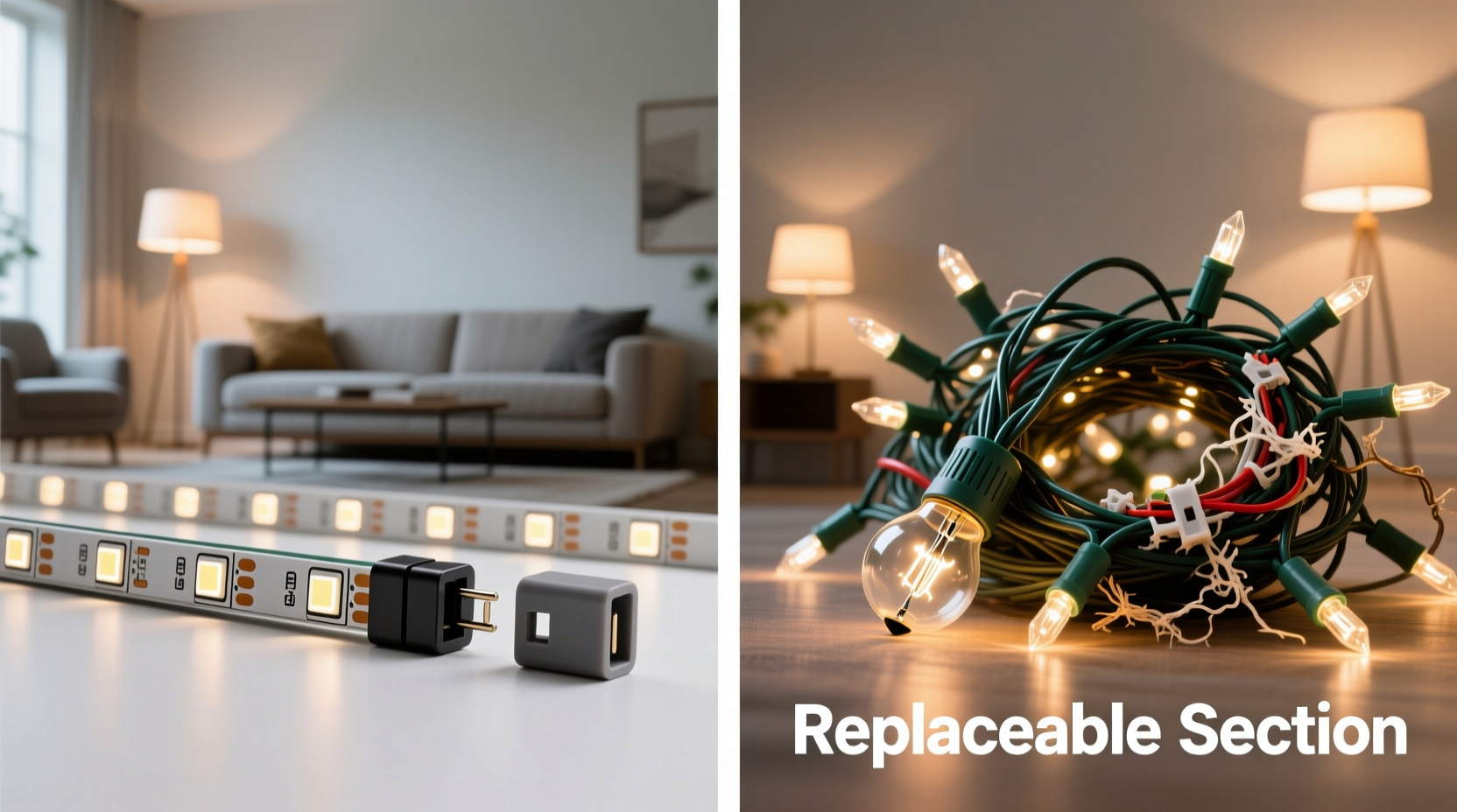 modular light strips vs traditional strings which lets you replace just one faulty section without rewiring