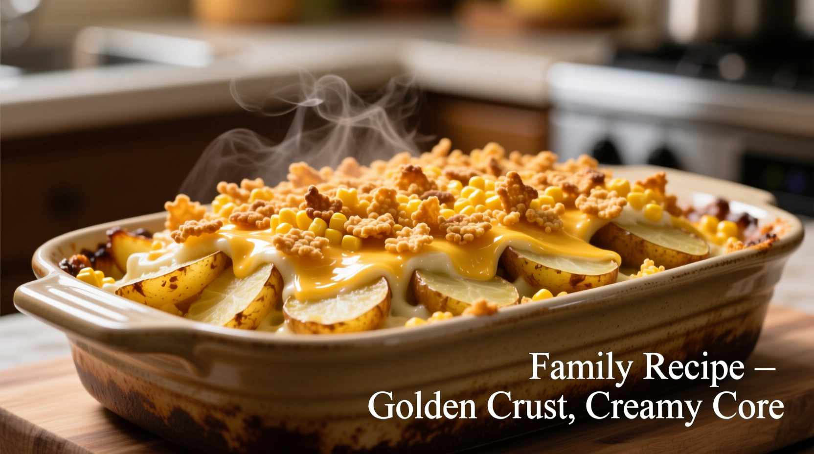 Golden potato casserole with cornflake topping