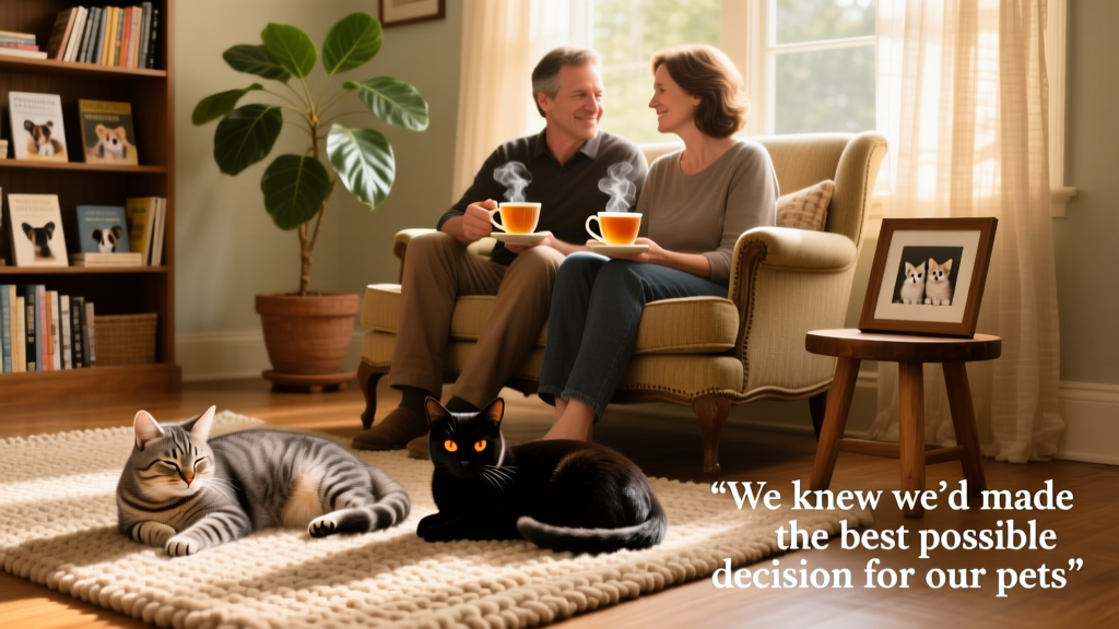 A cozy living room scene: Piper napping on a rug, Elvis curled up beside her, with Scott and Dianne seated nearby holding mugs of tea