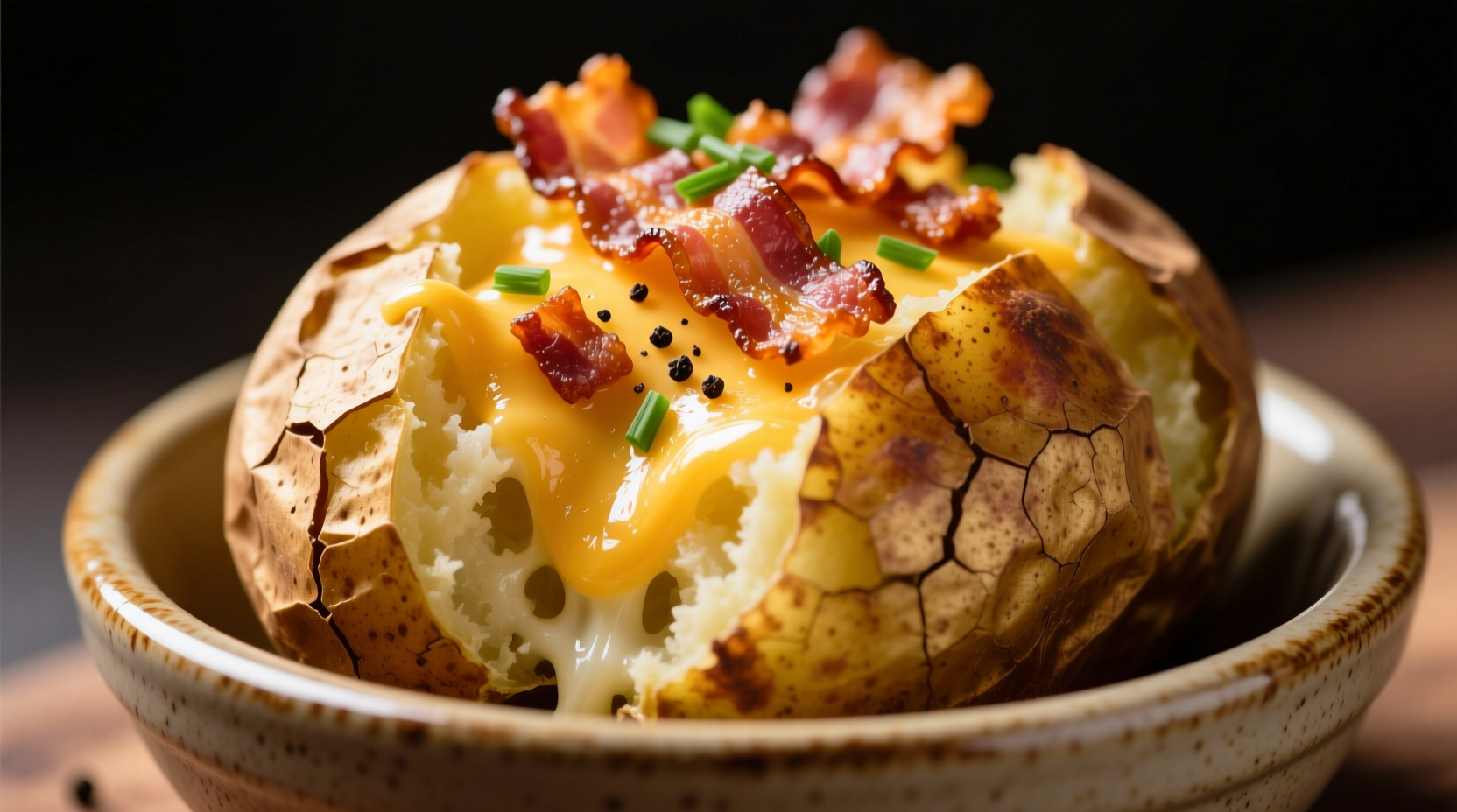 Golden baked potato with melted cheese and crispy bacon