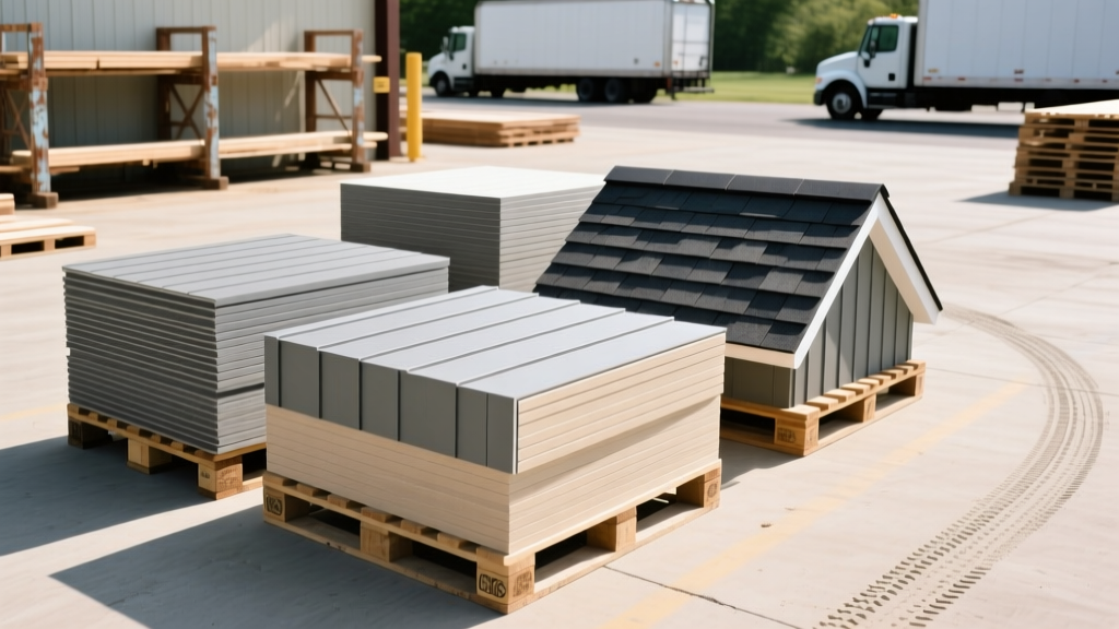 Pallets of fiber cement siding and architectural shingles staged at a Westchester lumber yard for an Elmsford NY residential construction project