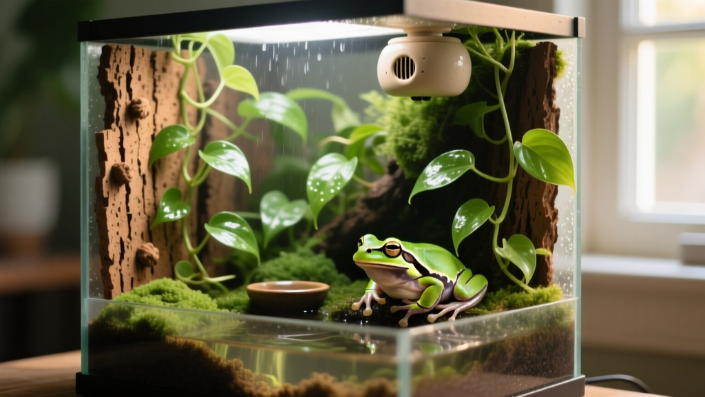 A well-planted, humid terrarium with vertical cork bark, live pothos vines, a shallow water dish, and a ceramic heat emitter mounted above