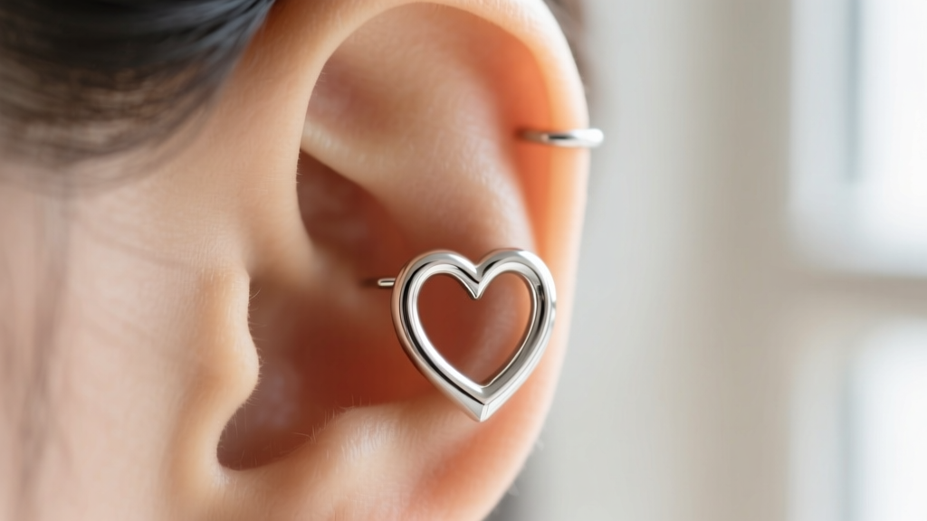 Close-up of a 16-gauge heart silver huggie earring worn on an upper helix cartilage piercing, illuminated by soft natural daylight