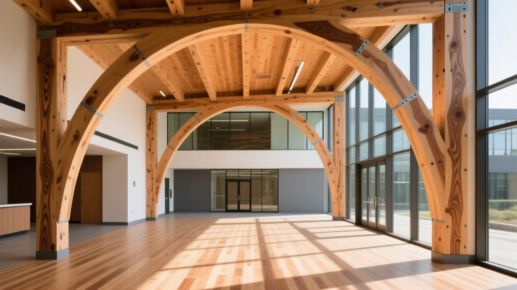 Exposed glued laminated timber beams supporting cross-laminated timber floor panels in a bright modern commercial building lobby