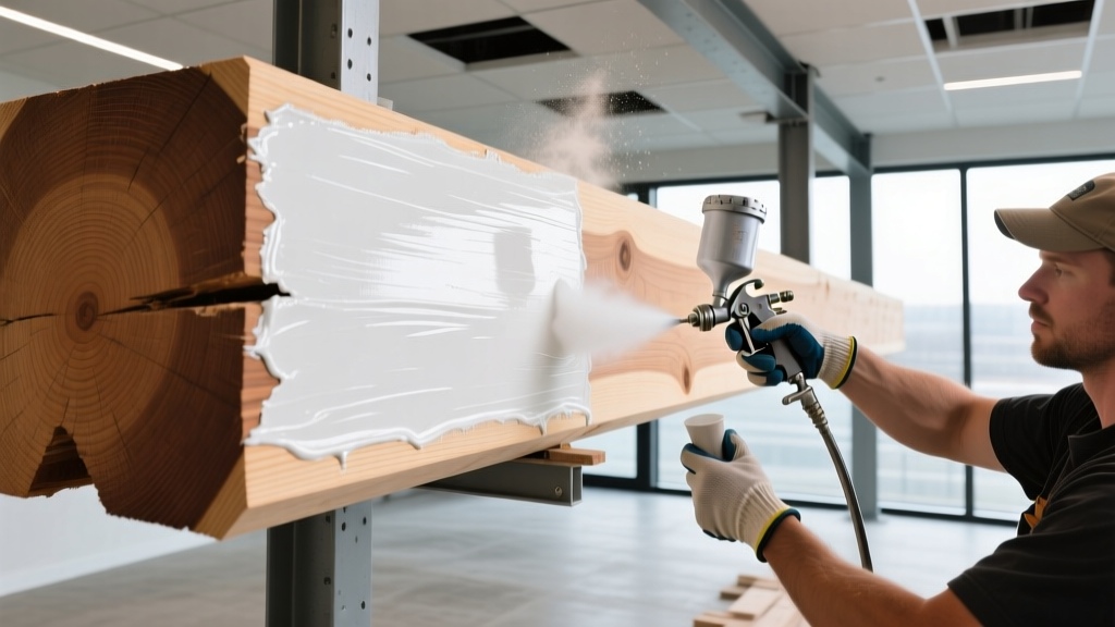 Close-up of a contractor applying white intumescent fire-retardant paint to a massive exposed glulam timber beam in a modern commercial building