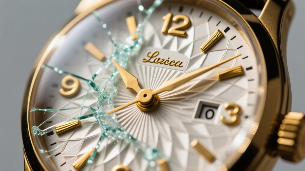 Extreme macro close-up of a vintage Caravelle pendant watch dial showing applied gold indices and a cracked acrylic crystal