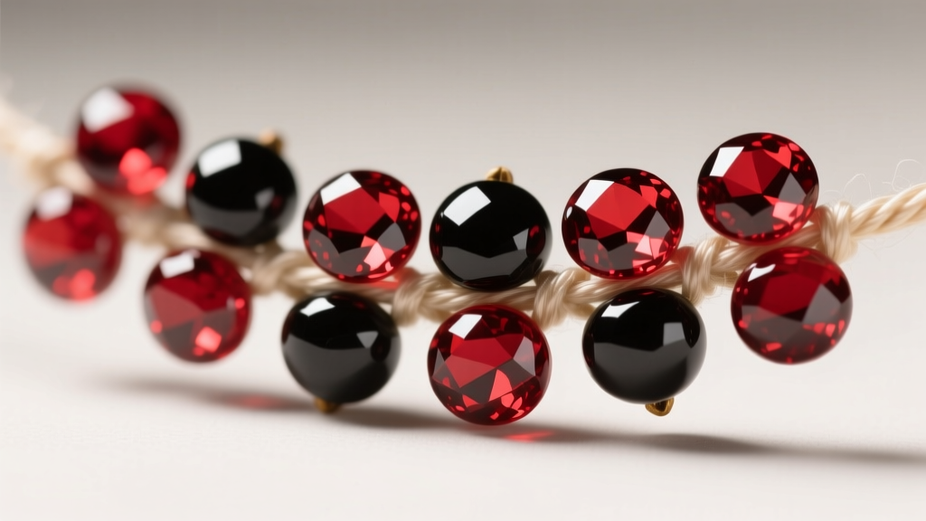 Macro shot of red and black huayruro seeds on a nylon cord, highlighting the glossy finish of these organic botanical beads.