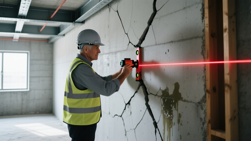 Structural engineer using a laser level to inspect a cracked concrete basement wall during a foundation shifting repair assessment.