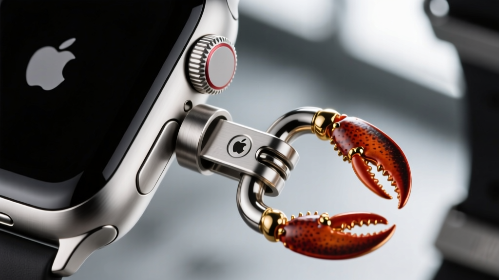 Macro shot of a 316L stainless steel lug adapter connecting a 22mm Apple Watch case to a heavy-duty jewelry lobster clasp