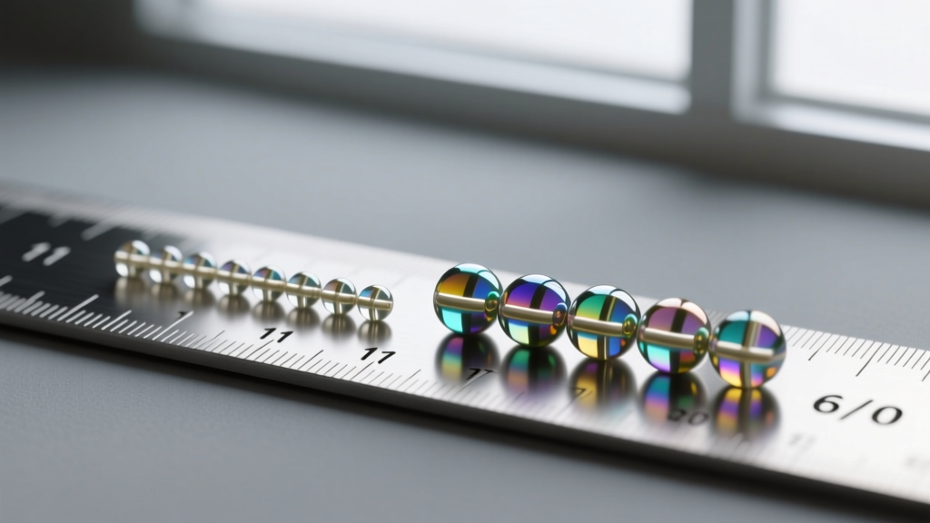 Macro photography comparing 11/0 and 6/0 Japanese glass seed beads next to a metal ruler, highlighting distinct size differences.