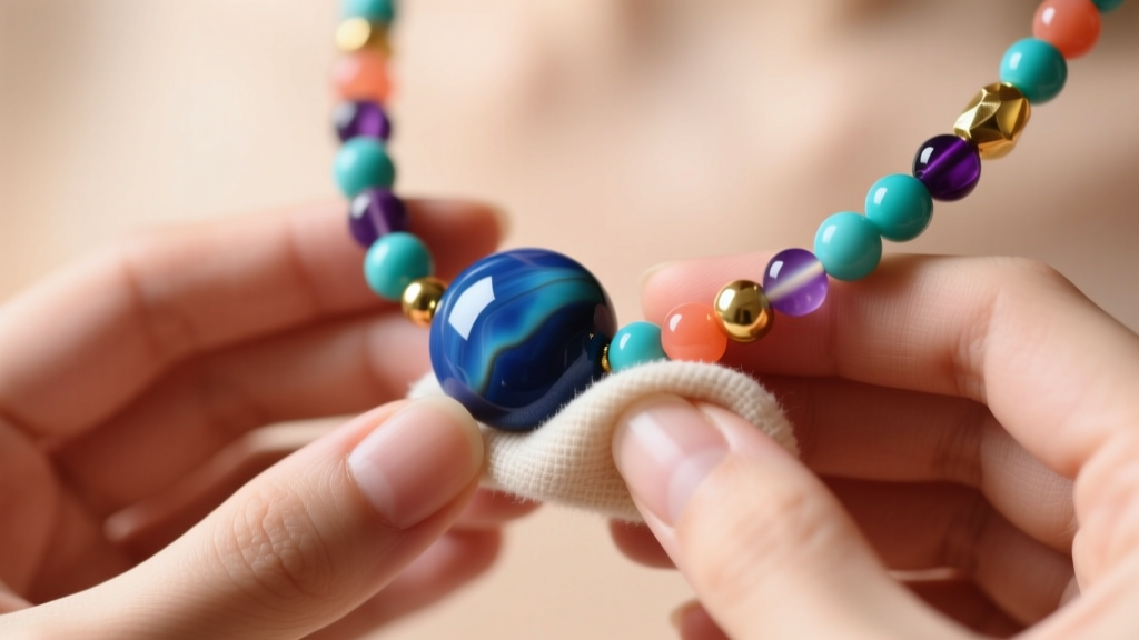 Close-up of hands using a soft microfiber cloth to gently polish a dyed howlite bead on a multicolor beaded necklace string