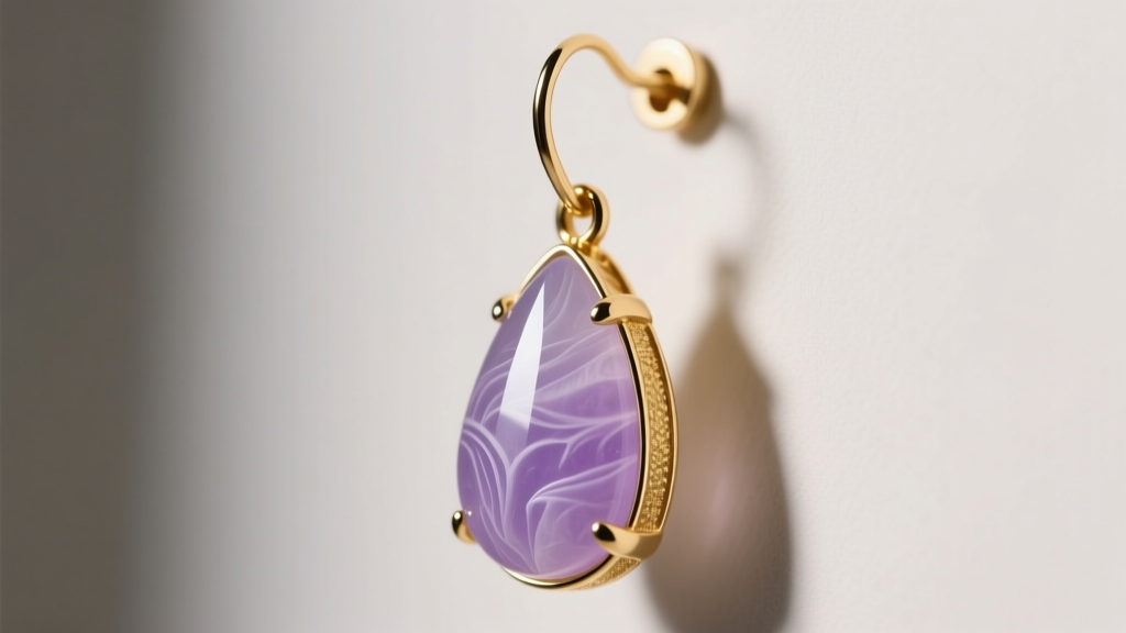 Side view of a drop earring with a carved lavender nephrite teardrop, set in a 14k gold bezel with a sturdy fishhook.