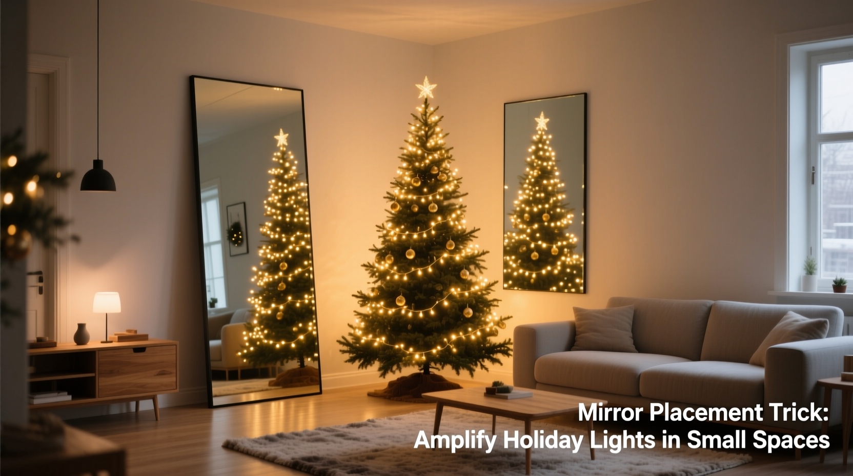 how to use mirror placement to amplify christmas tree light reflections in small rooms