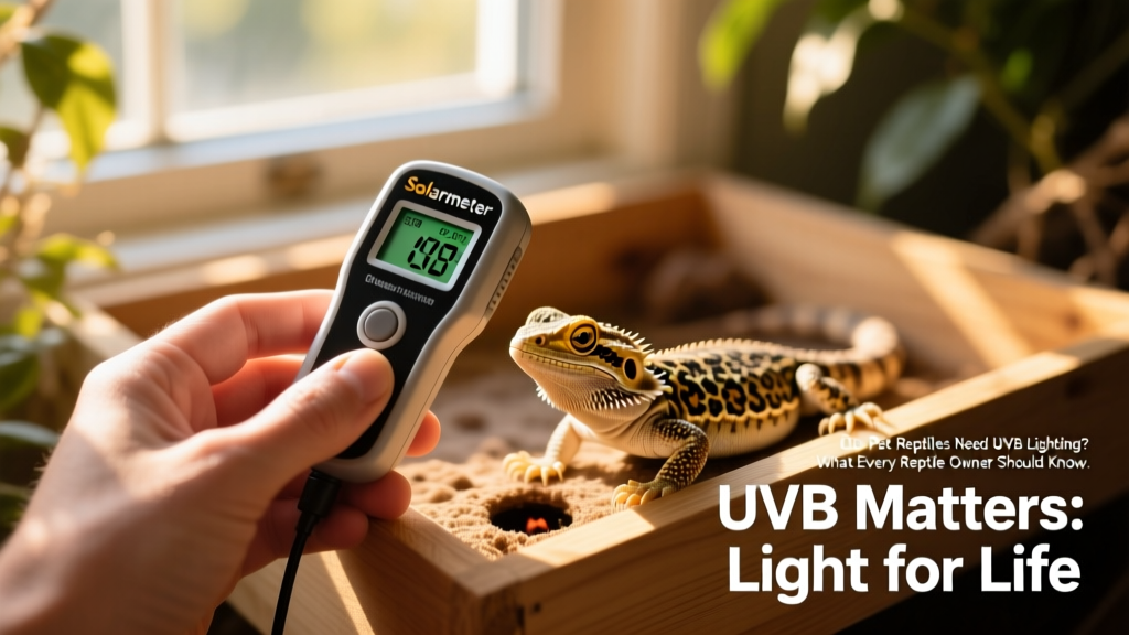 Hand holding a Solarmeter device measuring UVB output near a reptile basking spot