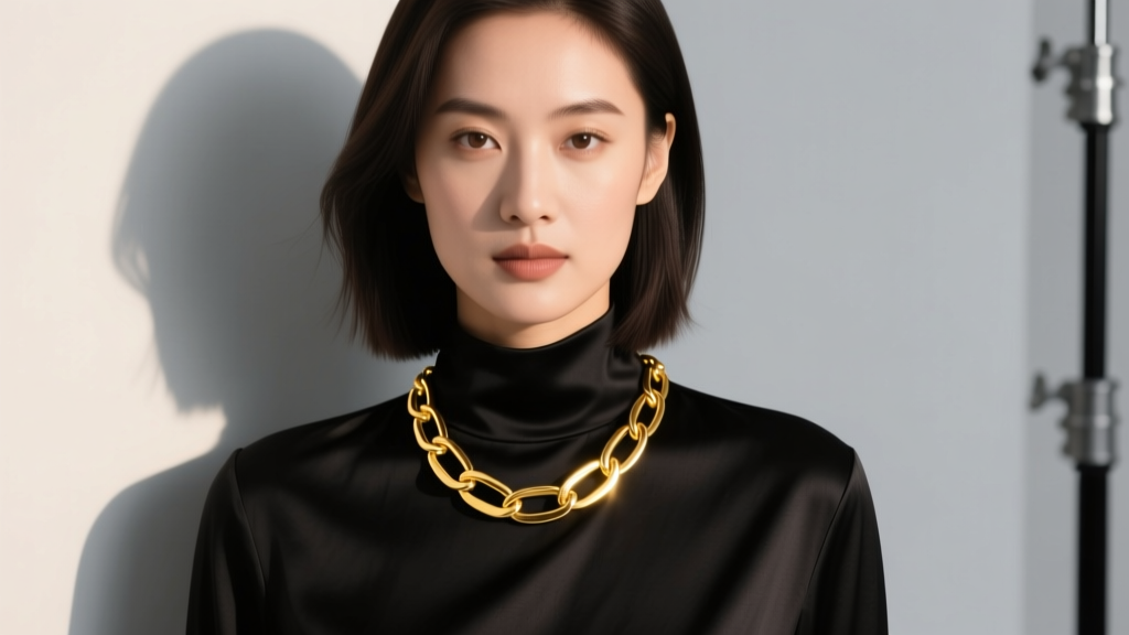 Elegant woman wearing a chunky 14k yellow gold paperclip chain necklace over a black silk blouse, studio lighting, editorial style