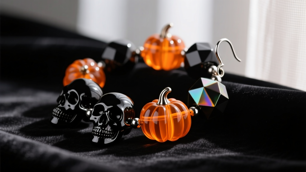 Black glass skull beads and orange lampwork pumpkin beads on titanium ear wires, resting on dark velvet fabric in moody lighting
