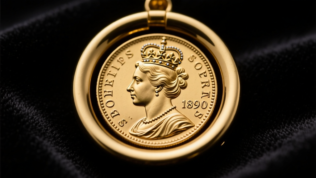 Close-up of a vintage 14k gold bezel holding an 1890 British Sovereign coin on dark velvet with soft directional lighting.