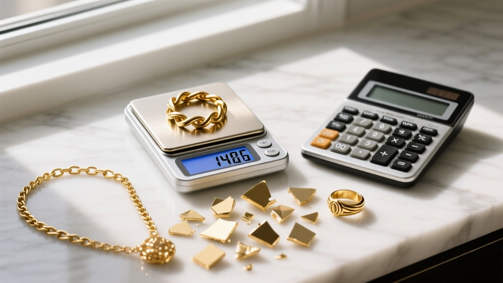 Digital jewelry scale displaying grams next to a calculator and broken 14k gold jewelry ready for scrap melt value assessment