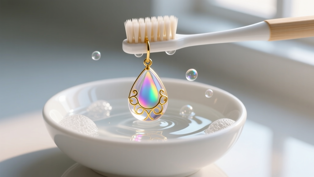 Soft toothbrush cleaning a resin and gold whimsical drop earring submerged in soapy water inside a small white ceramic bowl.