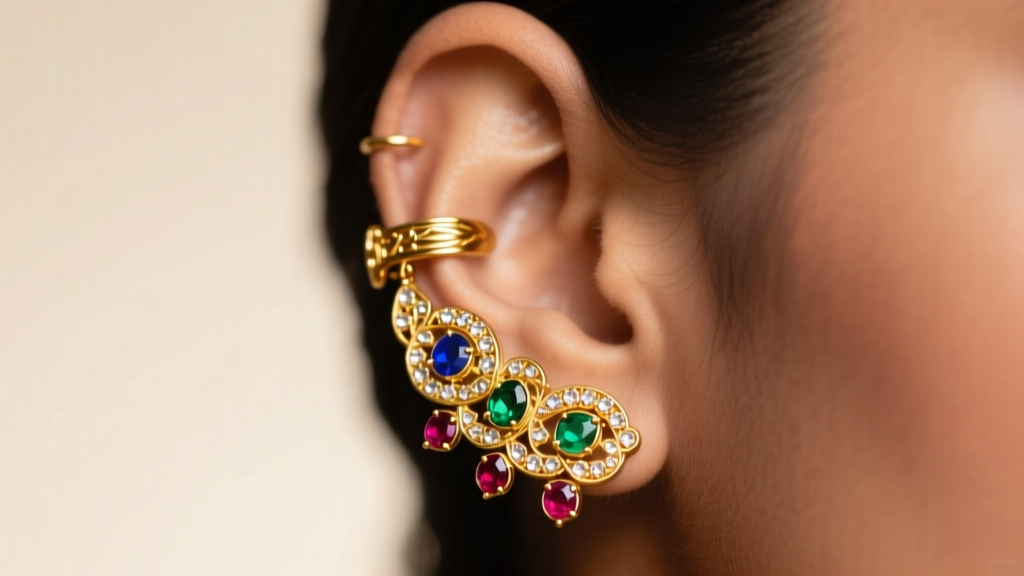 Close-up of a 22k gold bugadi ear cuff with kundan enamel work, clipped onto upper helix cartilage against soft studio lighting.