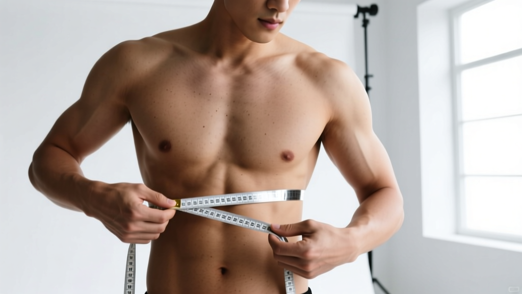 Hands using a flexible measuring tape around a man