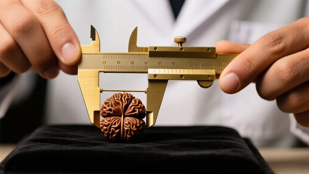 Jeweler using a brass caliper to measure the exact diameter of a rare five-mukhi Nepali Rudraksha seed on a dark velvet pad.