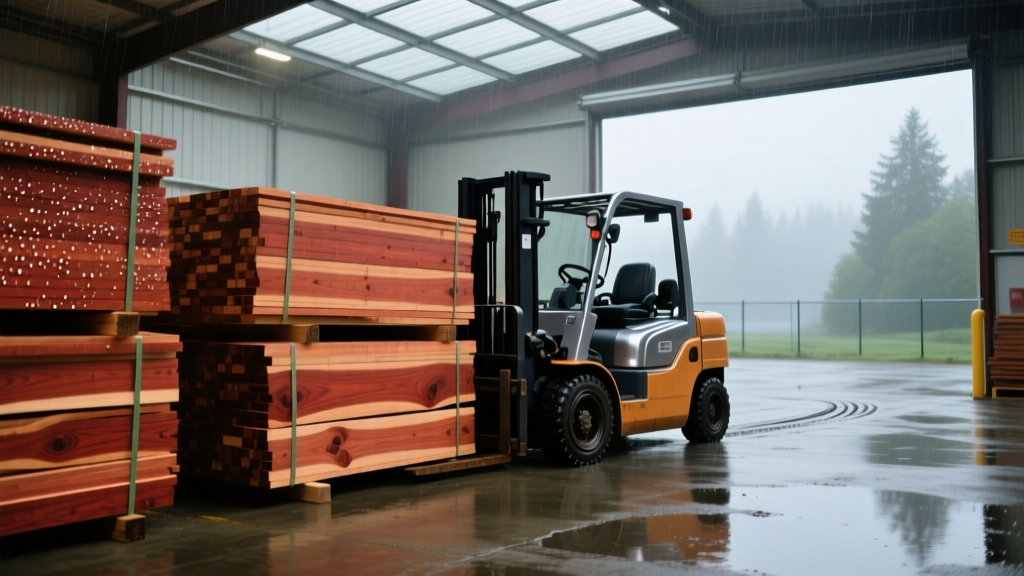 Forklift moving stacked bundles of Western Red Cedar siding at a covered lumber yard in Everett Washington on a rainy morning