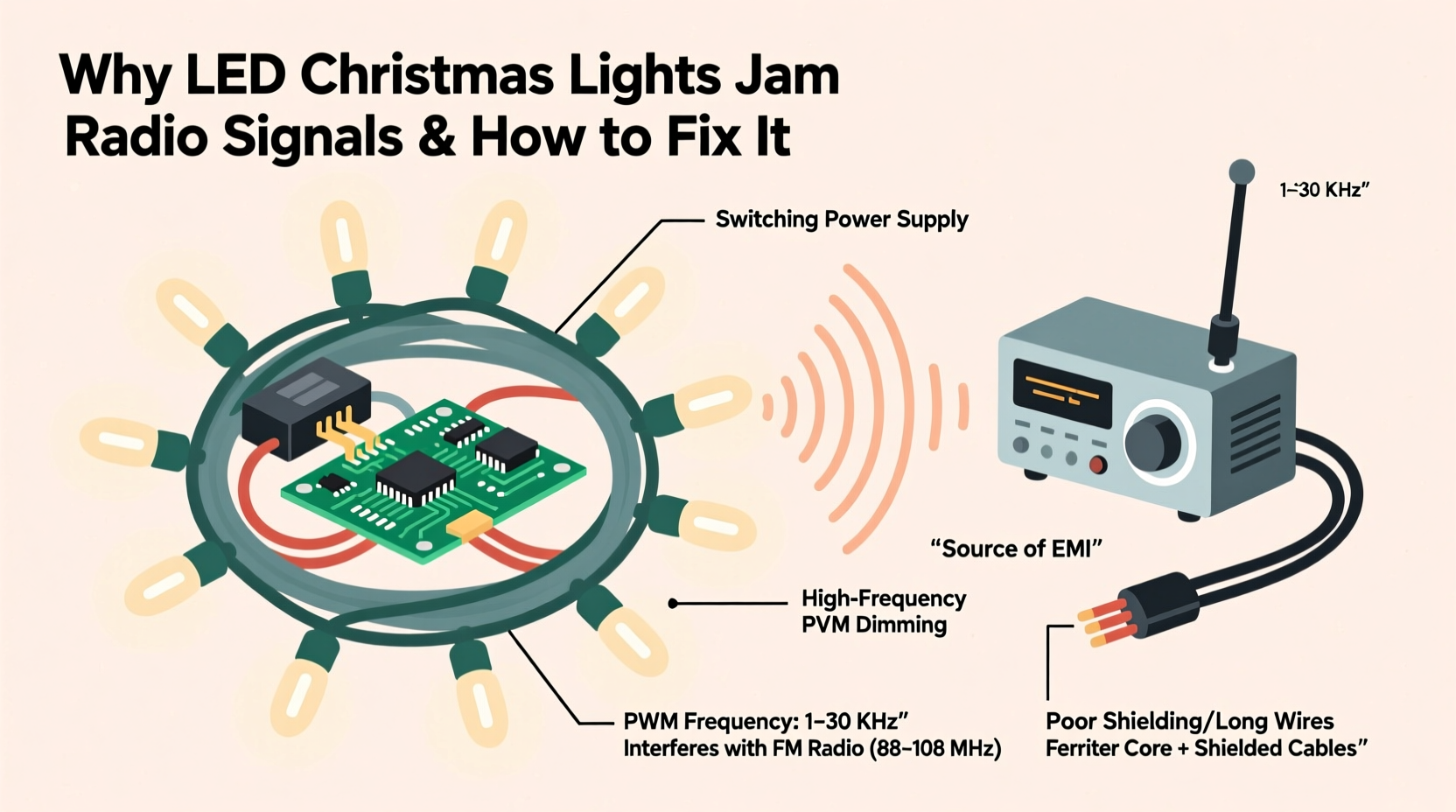 why do some led christmas lights interfere with radio signals and how to stop it