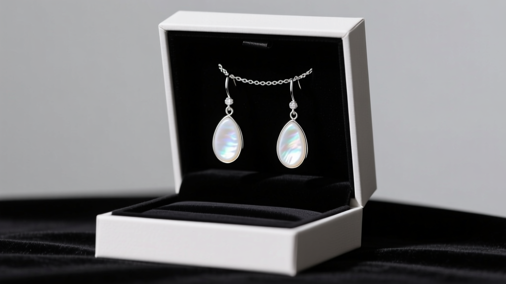 Elegant gift box opened to reveal sterling silver drop earrings with iridescent white mother of pearl inlays on black velvet