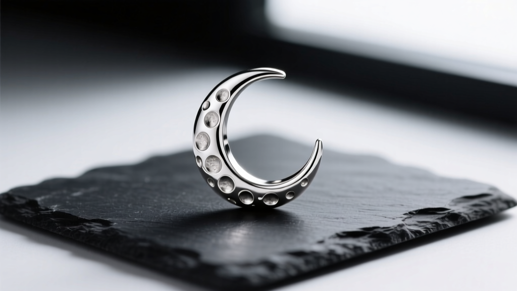 Macro photography of a sterling silver crescent moon earring with intricate crater textures resting on a dark slate cleaning mat