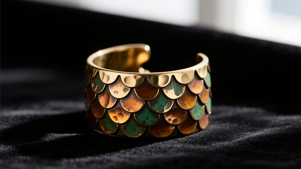 Macro shot of a hammered brass ear cuff showing an intentional antiqued patina and textured scales on a dark velvet backdrop
