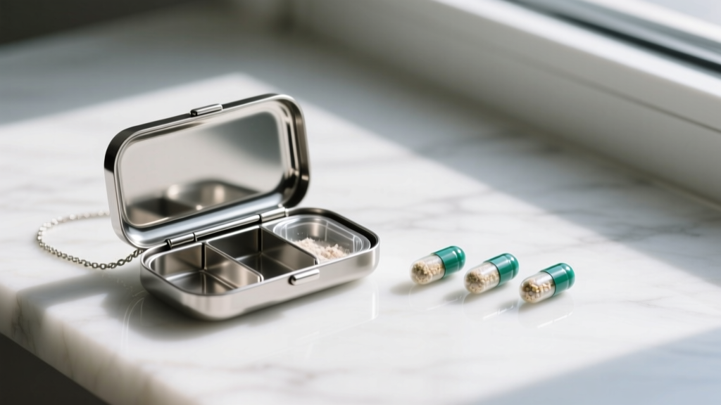 Open stainless steel necklace pill holder next to three standard size-0 capsules, demonstrating the internal capacity and depth.