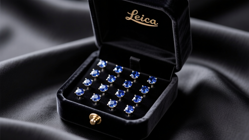 Velvet gift box revealing 16-gauge titanium labret studs with sapphires on dark silk under soft lighting