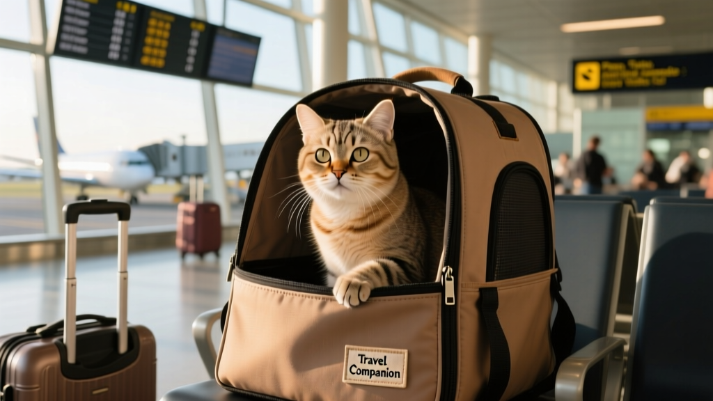 Scottish Fold cat peeking calmly from a soft-sided carrier while seated near an airport gate
